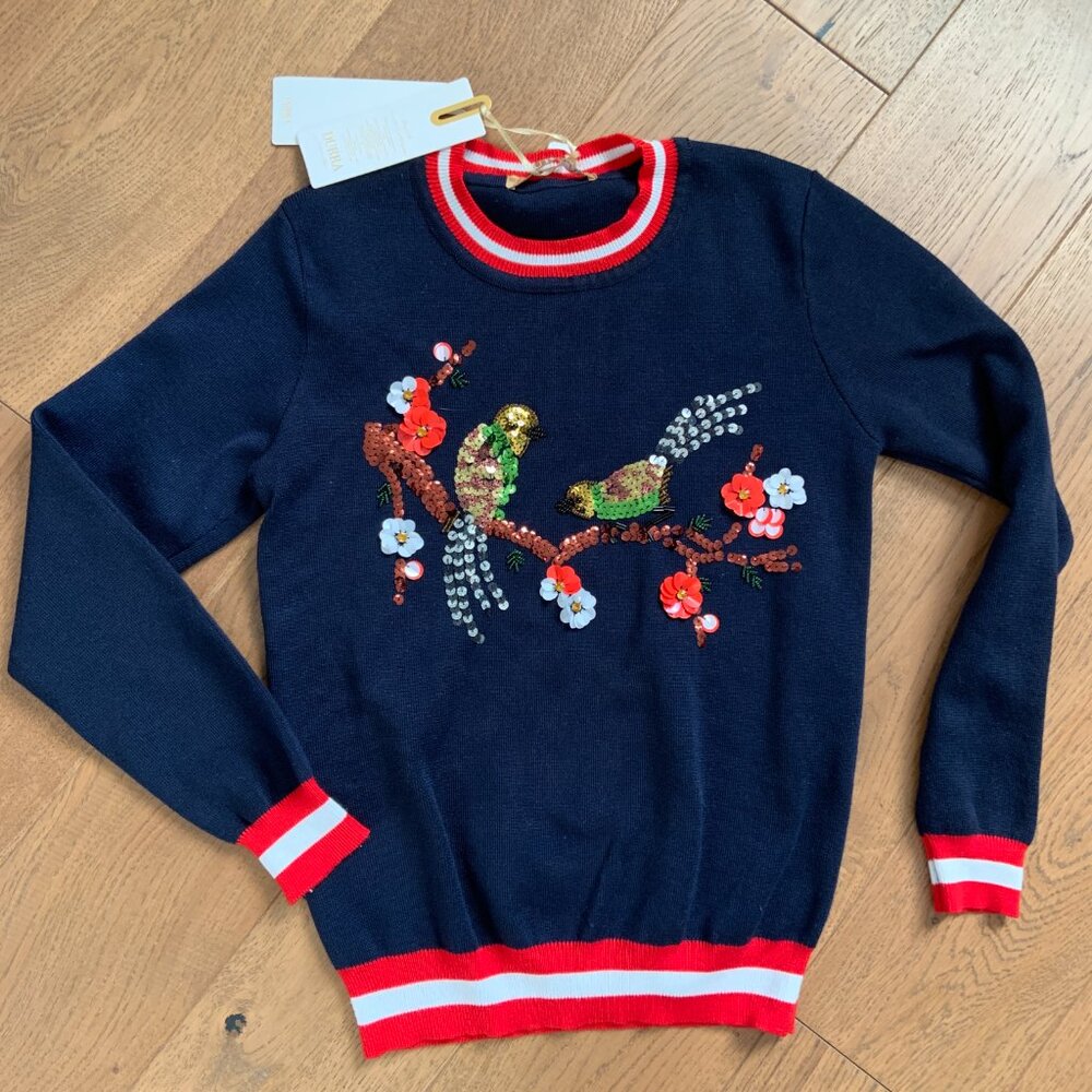 Deadstock Vintage Cotton Crew Neck Sweater Knit Sequined Birds Floral Size S